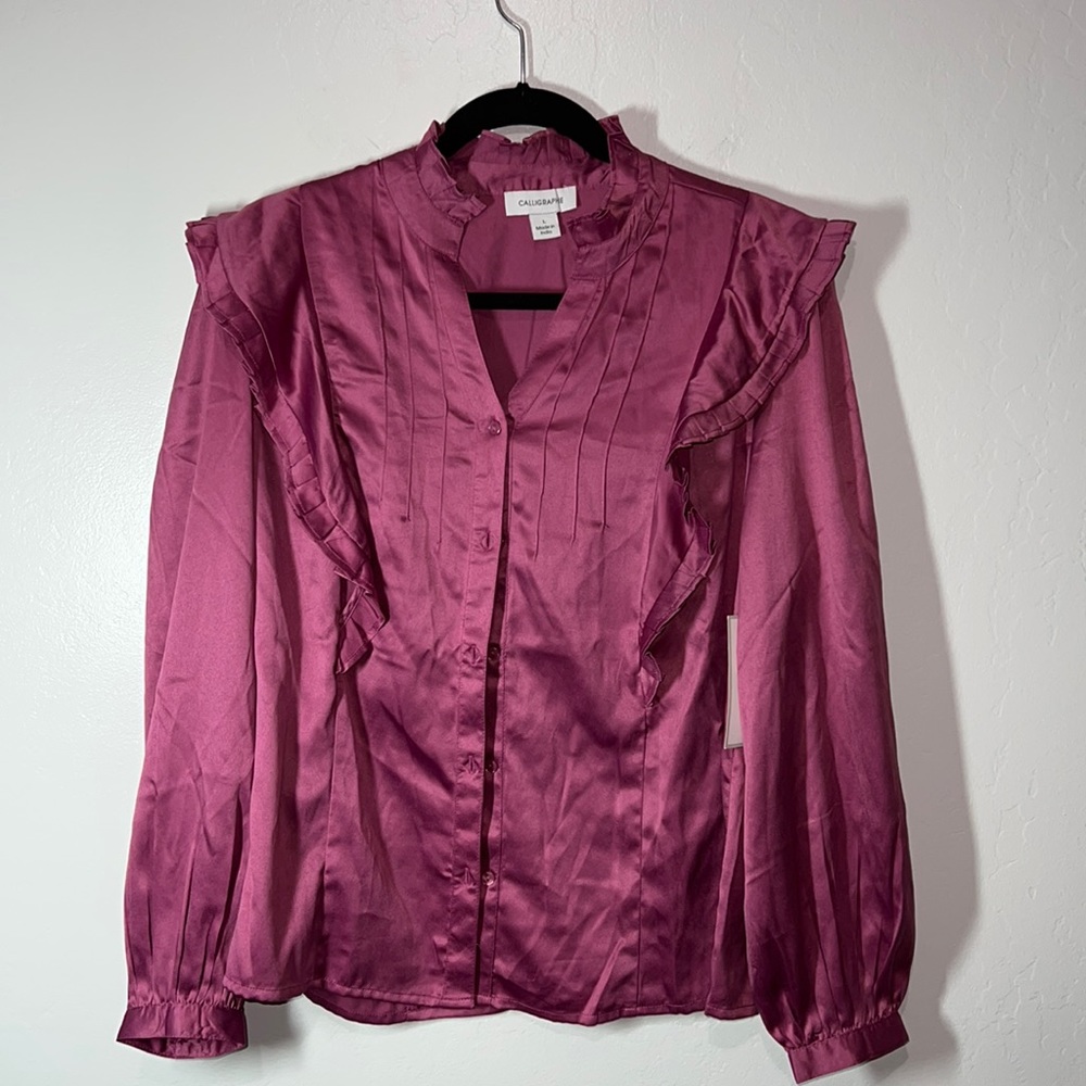 Calligraphie Ruffled Blouse Balloon Sleeves Dusty Rose Size L
